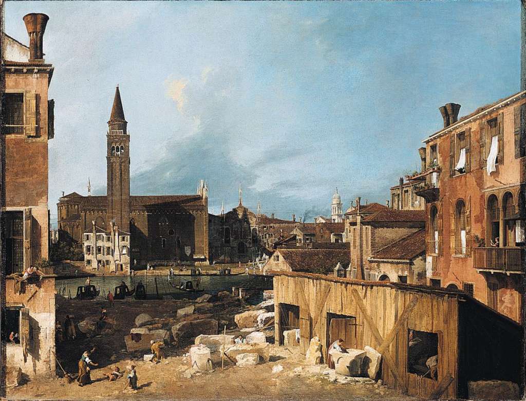 London National Gallery Top 20 15 Canaletto - The Stonemason's Yard Canaletto - The Stonemason's Yard, 1726-27, 124 x 163 cm. The Campo San Vidal square has been temporarily transformed into a workshop for repairing the nearby church. In the foreground we see the stonemasons at their work between blocks of marble, capitals, fragments and unworked blocks of hewn stone. In the middle ground, we look over the Grand Canal to the church of Santa Maria della Carita, set against a sky of silken blue. A mother, children, stonemasons working outdoors, gondelieri and passers-by are scattered here and there, so that the entire painting merges into a single line of action.